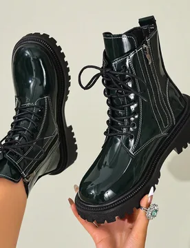 Botas de tobillo para mujer de unicolor, estilo básico con cremallera lateral, preppy, para exterior, oficina, Halloween, Navidad, fiesta, boda, vaca - Shein - FashionsVida