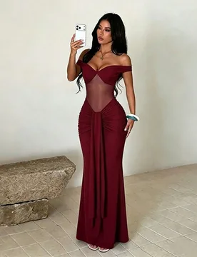 Vestido largo elegante para mujer de verano color vino tinto con hombros descubiertos, malla empalmada y ajuste ceñido, para cita, fiesta, boda, cump - Shein - FashionsVida