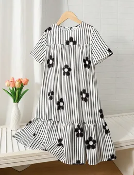 Vestido casual de manga corta, cuello redondo, línea A, holgado, con estampado floral y rayas para niñas preadolescentes, para volver al colegio o c - Shein - FashionsVida