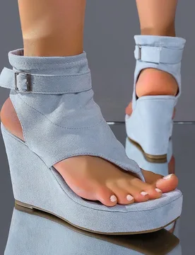 Sandalias de cuña con punta cuadrada y suela gruesa para mujer, estilo europeo y americano con hebilla en el tobillo, tacón alto, elevadas y estiliz - Shein - FashionsVida