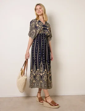 Floral Border Design Dress - L / NAVY - female - Blue Vanilla - FashionsVida