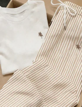 Set de 2 piezas con blusa de cuello redondo bordada de manga corta y pantalones con estampado de rayas, casual S - Shein - FashionsVida