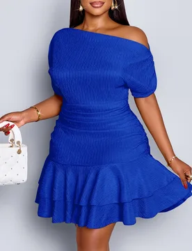 Vestido mini elegante de fiesta y día con cuello asimétrico, mangas largas, recogido y doble volante, de punto color albaricoque para mujer 3XL - Shein - FashionsVida