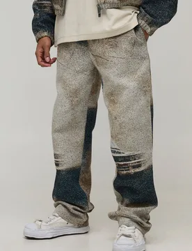 Mens Relaxed Fit Car Tapestry Trousers - Beige - Size Small - boohooMAN - FashionsVida