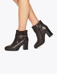 Leather Buckle Block Heel Ankle Boots Brown female
