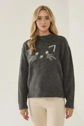 Womens Relaxed Fit Cute Kitty Sweater - Grey