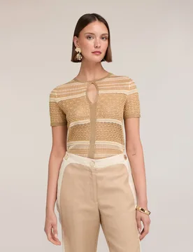 Jersey de mujer de rayas mezcla lurex modelo corto con cuello redondo y abertura central con keyhole - Motivi - FashionsVida