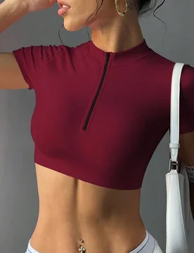 Camiseta deportiva de yoga de unicolor con media cremallera y corte corto para mujer, color borgoña, verano, sexy, ropa de entrenamiento de gimnasio, - Shein - FashionsVida