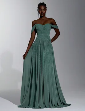 Elegante Vestido Largo de Lujo de Punto Elástico con Hombros Descubiertos, Hecho a Mano, Tela Plisada en la Cintura, Cadena de Cristal, Silueta A, Ad - Shein - FashionsVida