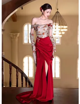 A new Chinese-style morning gown with one-shoulder design and vintage wine red toasting dress - Aliexpress - FashionsVida