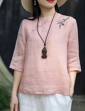 Nueva blusa de estilo chino con cuello Mao bordado en color rosa sólido y bajo asimétrico XL - Shein - FashionsVida