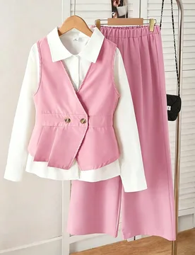 Conjunto de 3 piezas de ropa de otoño para niñas preadolescentes, chaqueta rosa de cuello en V sin mangas con cinturón, camisa blanca de manga larg - Shein - FashionsVida