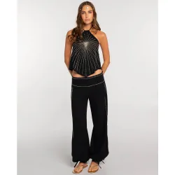 Pantalón recto de mujer con abalorios y bajo ajustable