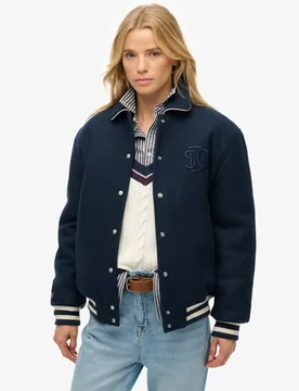 Superdry Damen Wolle Gesticktes Logo Country Club Wollmix-Bomberjacke, Marineblau, Größe: 40 - 169.99 - FashionsVida