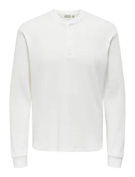 Jersey Grandad Collar Long Sleeve Top White male - ONLY & SONS - FashionsVida