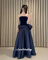 Blue Strapless A-Line Satin Sleeveless Evening Dress Draped Bespoke Occasion Dresses Sweep Train Floor- Length Pleated Customize