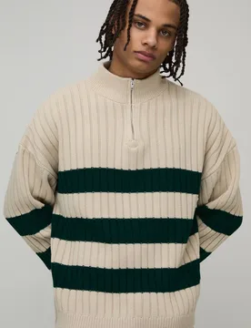 Herren Relaxed Boxy Gerippter Strick 1/4 Reißverschluss Pullover Ecru Größe Small - boohooMAN - FashionsVida