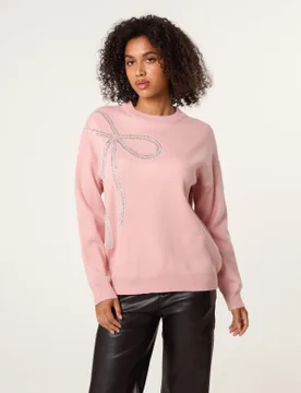Diamante And Pearl Bow Knit Jumper - S/M / PINK - female - Blue Vanilla - FashionsVida