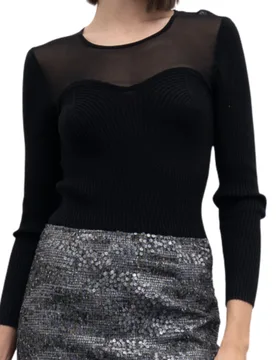 Maglia con dettaglio in tulle modello Nikol colore nero con scollo rotondo - GOA GOA - FashionsVida