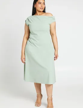 Womens Plus Crepe Asymmetric Neck Skater Midi Dress - Green - Boohoo - FashionsVida