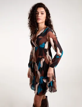 Pleated Wrap Dress - S/M / TEAL/BROWN - female - Blue Vanilla - FashionsVida