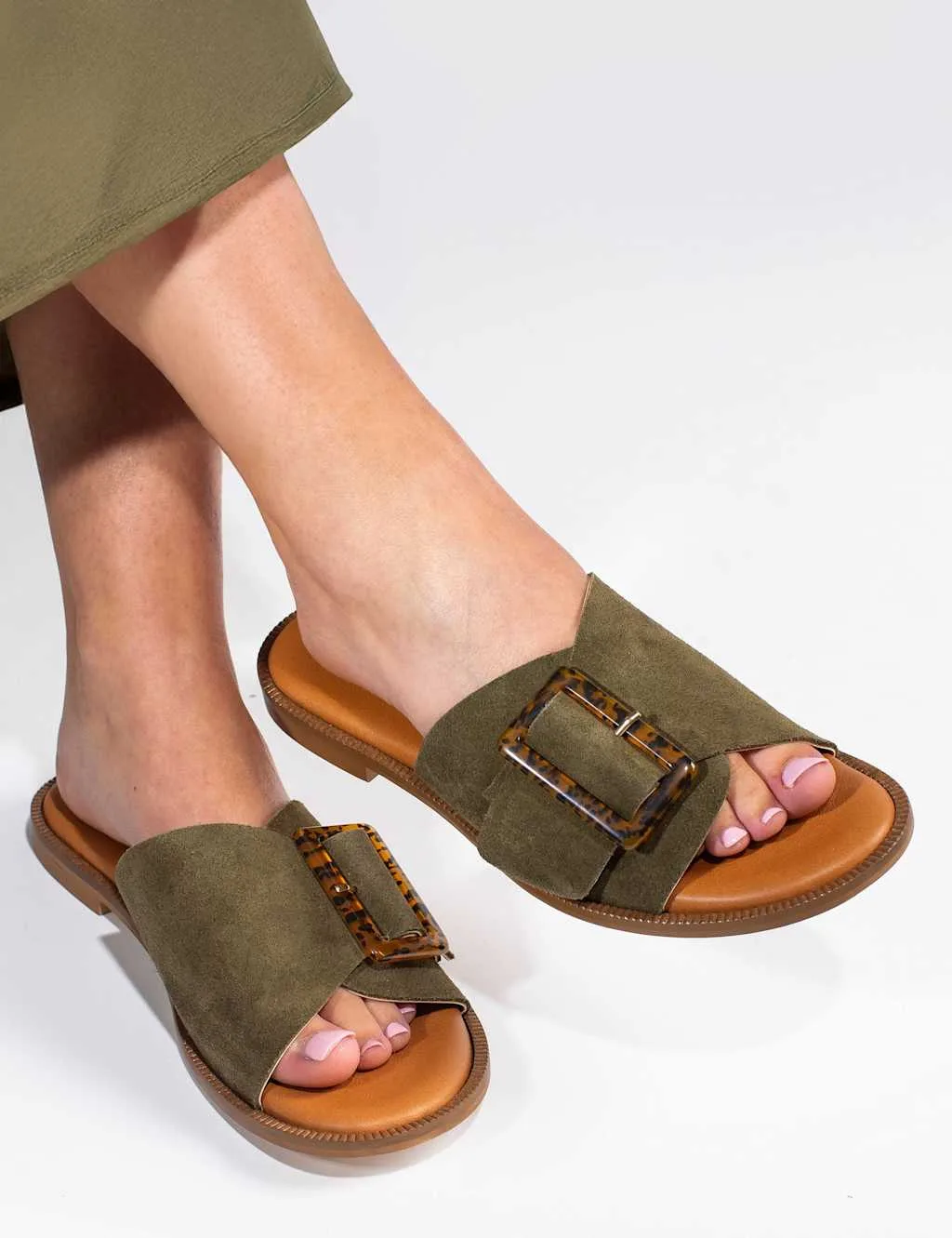 Suede Buckle Flat Mules Khaki female - Jones Bootmaker - FashionsVida