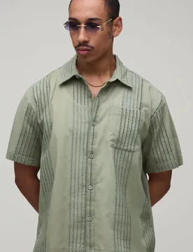 Mens Oversized Embroidered Stripe Short Sleeve Shirt - Green Cotton - Size Large - boohooMAN - FashionsVida