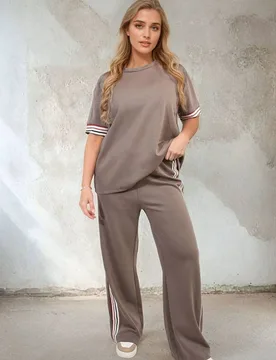 Women's Jennifer Contrast Stripe Top & Wide Leg Trouser Co-ord Set in Taupe Size: Small/Medium - Taupe - Size: S/M - IKRUSH - FashionsVida