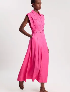 Women's Premium Viscose Linen Belted Woven Midaxi Dress With Gold Hardware Detail in Hot Pink Size: 8 - Hot Pink - Size: 8 - Karen millen - FashionsVida
