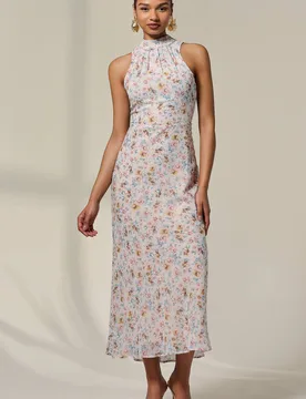 Women's Sleeveless Chiffon Halterneck Midaxi Dre in Light Beige Size: 18 - Light Beige - Size: 18 - Jolie Moi - FashionsVida
