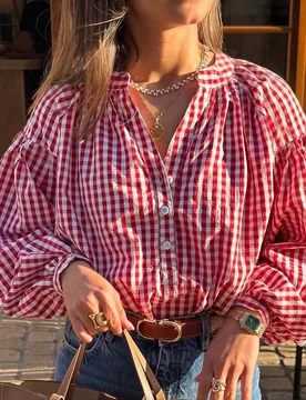 Blusa de estilo campestre francés a cuadros rojos & blancos con mangas abullonadas para mujeres, top suelto de cuello en V con media botonadura delan - Shein - FashionsVida