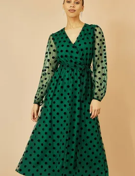 Women's Green Spot Mesh Wrap Midi Skater Dress Size: 10 - Green - Size: 10 - Yumi - FashionsVida