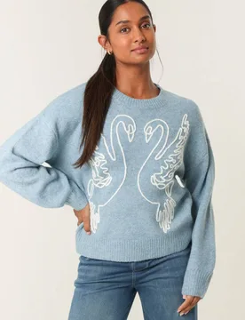 Women's Blue Long Sleeve Slip On Round Neck Jumper Size: Medium/Large - Blue - Size: M/L - Blue Vanilla - FashionsVida