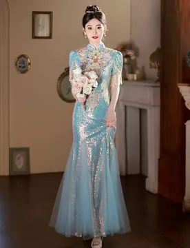 A traditional Chinese cheongsam with blue sequins for banquets light luxury and niche dress hosting - Aliexpress - FashionsVida
