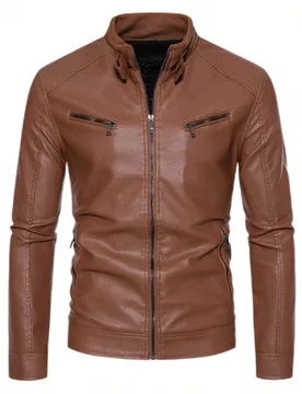 Chaqueta de cuero para motocicleta AHTELB para hombre, cuello alto, ropa de trabajo, deportes al aire libre, unicolor, traje de motociclismo amarillo - Shein - FashionsVida