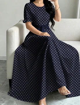 Vestido estampado con lunares azul marino, diseño de manga corta abullonada con cuello redondo y cinturón en la cintura para mujer, vestido largo el - Shein - FashionsVida