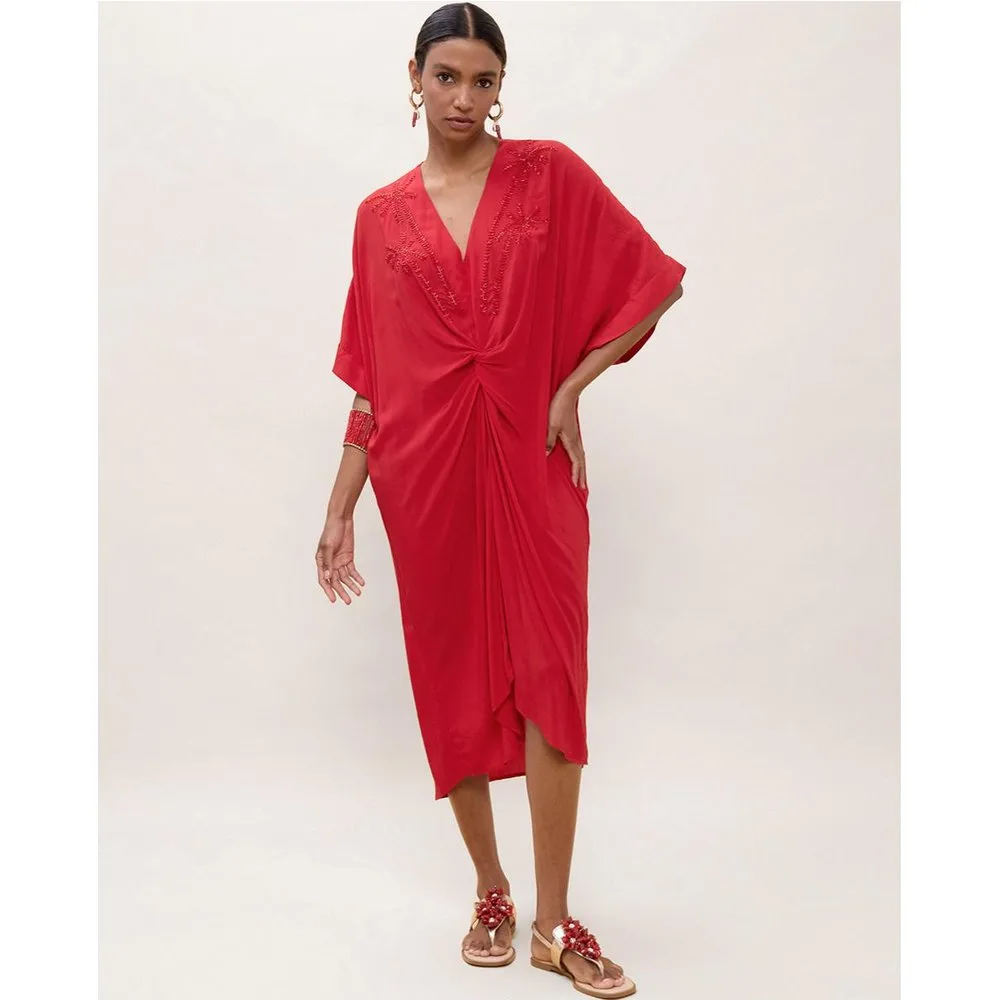 Vestido midi anudado con bordado a tono - Lola Casademunt - FashionsVida