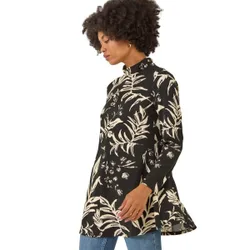 Womens Floral High Neck Swing Top - Black - Size 10 Uk
