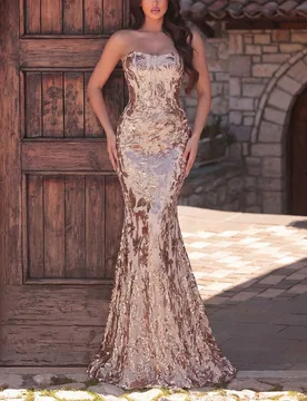 Elegante vestido de fiesta largo sin tirantes con lentejuelas brillantes y estampado floral - Patrón aleatorio de bloques de color, tela elástica Pe - Shein - FashionsVida