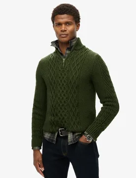Superdry Herren Jacob Zopfmusterpullover mit Halblangem Reißverschluss Grün - Größe: L - 94.99 - FashionsVida