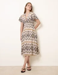 Embroidered Wrap Front Midi Dress - L/XL / STONE - female