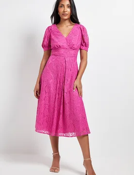 Women's Petite Lace V Neck Tea Midi Dress in Pink Size: 20 - Pink - Size: 20 - Wallis - FashionsVida