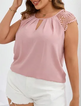 Blusa con encaje en contraste de cuello con abertura de ojo 0XL - Shein - FashionsVida