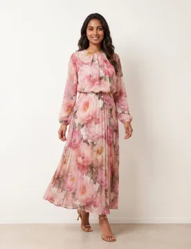 Pleated Floral Dress - M / PINK - female - Blue Vanilla - FashionsVida