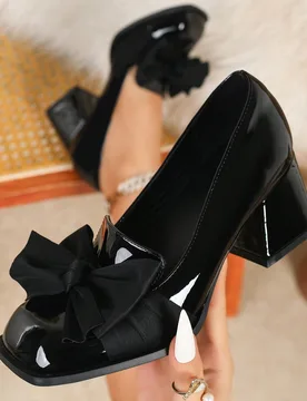 Zapatos de tacón alto Mary Jane con lazo negro para mujer talla grande, tacón grueso y punta cuadrada, estilo elegante, cómodo y preppy - Shein - FashionsVida