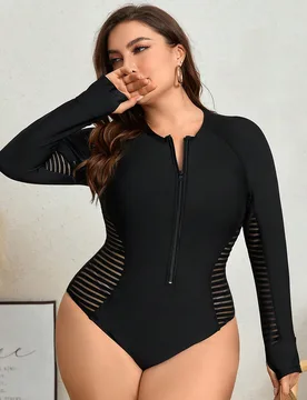 Traje De Baño De Una Pieza Para Mujeres De Talla Grande Con Mangas Largas, Cremallera Frontal Y Sección De Malla 4XL - Shein - FashionsVida