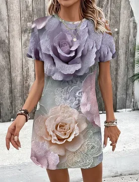 D Floral Print, Women's Short Sleeve Dress, Purple Rose Pattern, Summer Casual Mini Dress, Vacation Beach Wear, S-2XL - Aliexpress - FashionsVida
