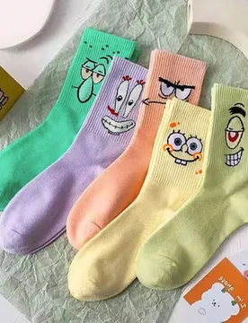 Pares de calcetines tipo tripulación con estampado de personajes de dibujos animados, expresiones divertidas como pulpo, estrella de mar, de unicolor - Shein - FashionsVida