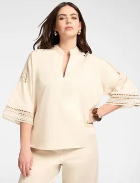 Camisa de mujer mezcla algodón con detalles de encaje ajuste boxy mangas de tres cuartos con detalles de encaje - Elena Miró - FashionsVida