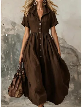 Vestido de graduación de manga corta de unicolor para mujer, diseño elegante con detalle de botones delanteros, adecuado para playa, citas, salidas - Shein - FashionsVida